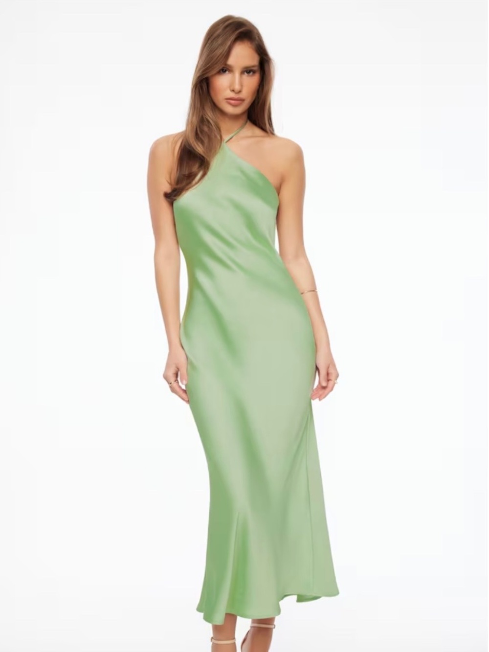 Dynamite One-Shoulder Satin Slip Dress in Light Green